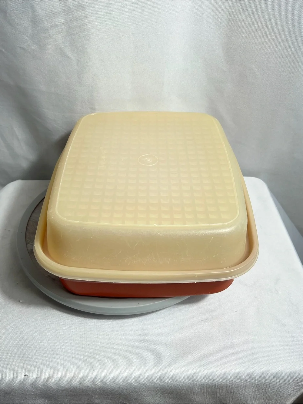 Vintage Tupperware Servalier Square Container Orange Red Sheer Lid Made USA